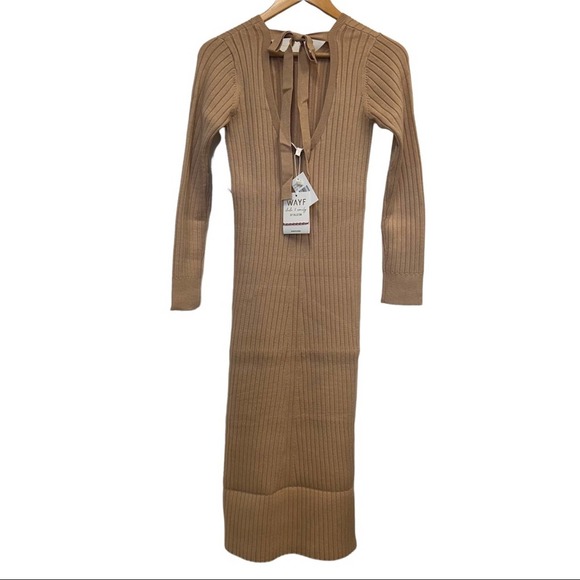 Wayf Ribbed Knit Sweater Dress Midi Tan Cutout Tie Emily x Dede Size XSmall New - Picture 2 of 11